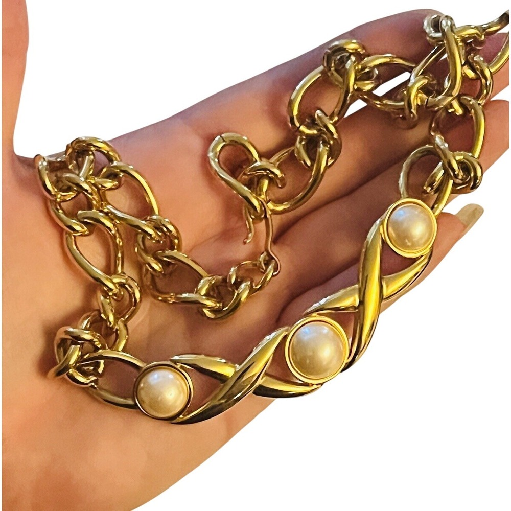 Monet VTG Regal Necklace Signed Pearl Cabochon Gold Plated Collar Mod 80s‎ 20"